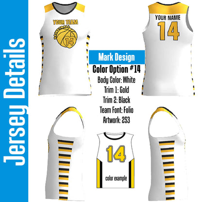 Custom Basketball Jersey: White, Gold & Black Trim, Personalized Number