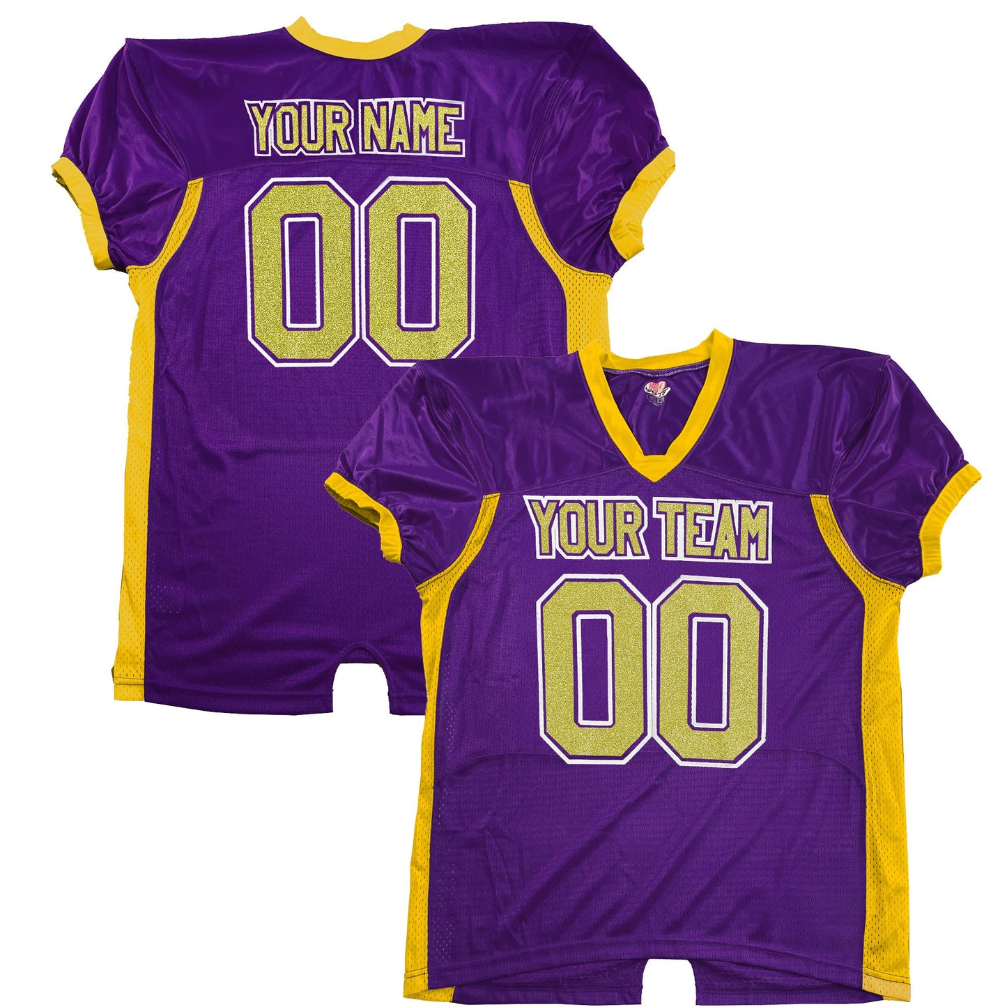 Purple Pro Style Blitz Fitted Shiny, Sparkly, Real Glitter Vinyl Gold Print, Customized Pro Block Names and Numbers, Solid Vinyl Outline