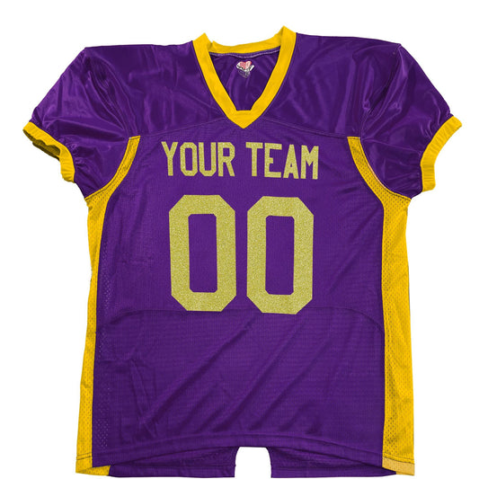 Custom Purple Pro Style Blitz Fitted Shiny, Sparkly, Real Glitter Vinyl Gold Print, Customized Pro Block Names and Numbers, Solid Vinyl Outline