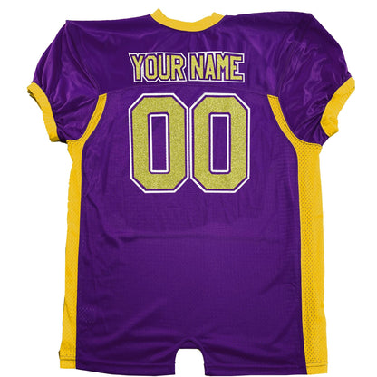 Purple Pro Style Blitz Fitted Shiny, Sparkly, Real Glitter Vinyl Gold Print, Customized Pro Block Names and Numbers, Solid Vinyl Outline