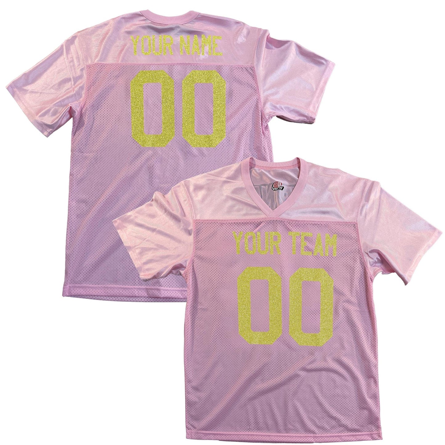 Pink Replica Football Jersey with Glitter Vinyl Lettering, Silver or Gold glitter, Add Black or White Outlines to make the Sparkle Pop