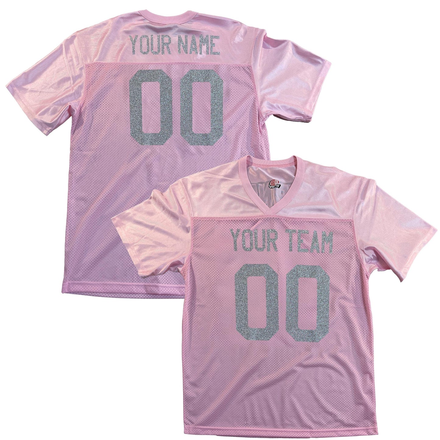 Pink Replica Football Jersey with Glitter Vinyl Lettering, Silver or Gold glitter, Add Black or White Outlines to make the Sparkle Pop