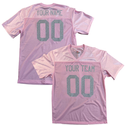 Pink Replica Football Jersey with Glitter Vinyl Lettering, Silver or Gold glitter, Add Black or White Outlines to make the Sparkle Pop