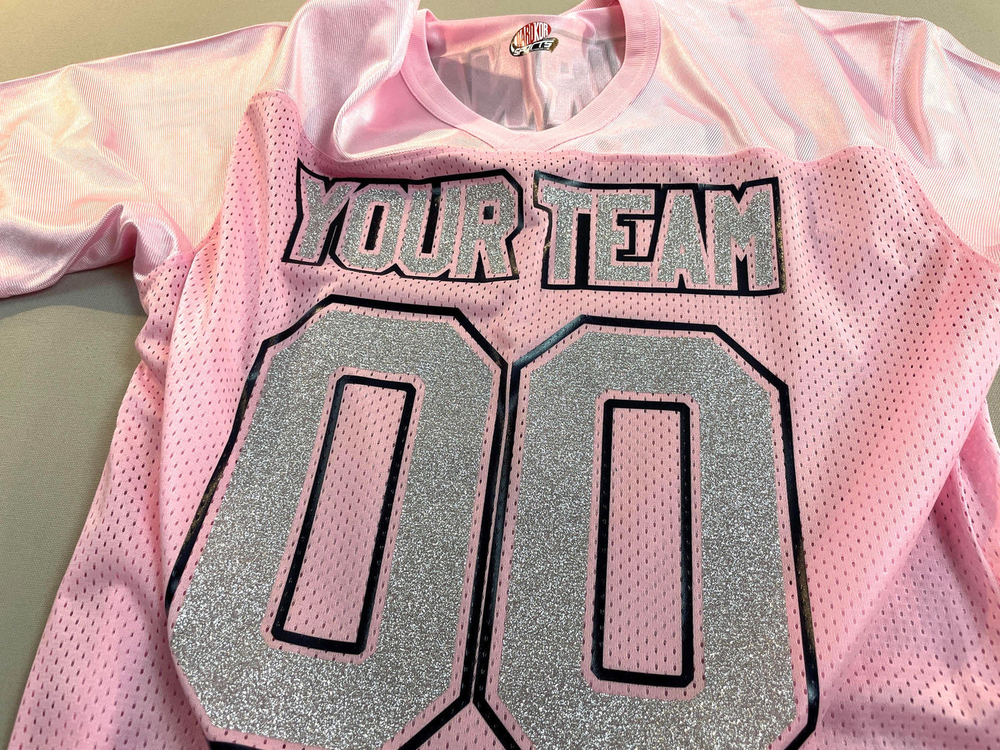 Pink Replica Football Jersey with Glitter Vinyl Lettering, Silver or Gold glitter, Add Black or White Outlines to make the Sparkle Pop