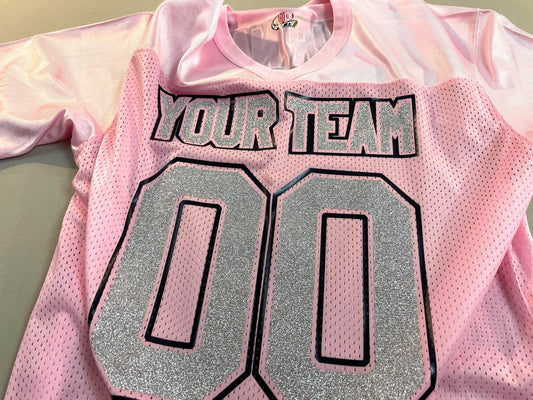 Pink Replica Football Jersey with Glitter Vinyl Lettering, Silver or Gold glitter, Add Black or White Outlines to make the Sparkle Pop