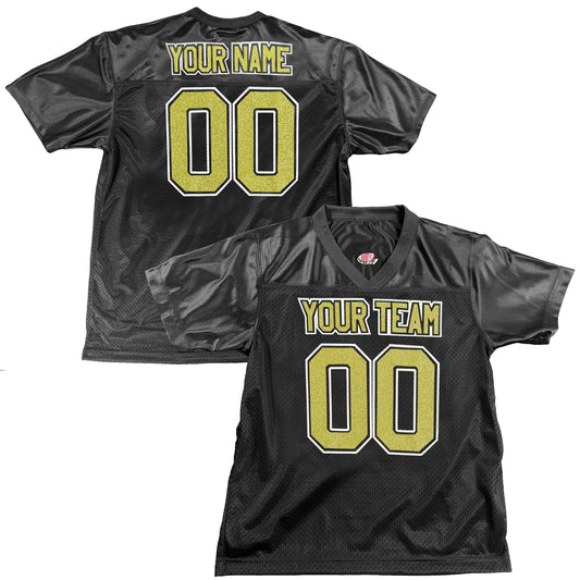 Black Replica Football Jersey, Sparkling Glitter Vinyl Lettering, Silver or Gold Glitter, add Choice of Color Outlines for Extra Pop