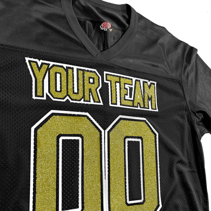 Black Replica Football Jersey, Sparkling Glitter Vinyl Lettering, Silver or Gold Glitter, add Choice of Color Outlines for Extra Pop
