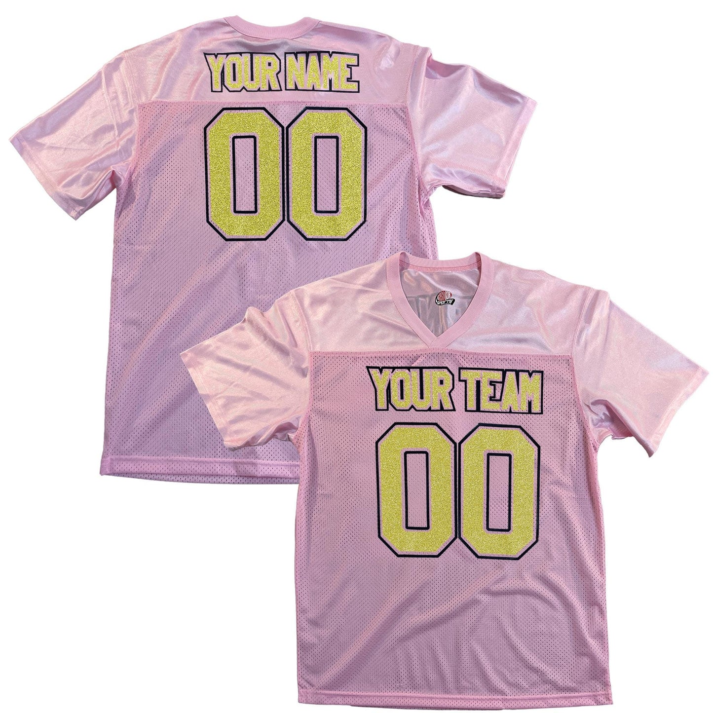 Pink Replica Football Jersey with Glitter Vinyl Lettering, Silver or Gold glitter, Add Black or White Outlines to make the Sparkle Pop