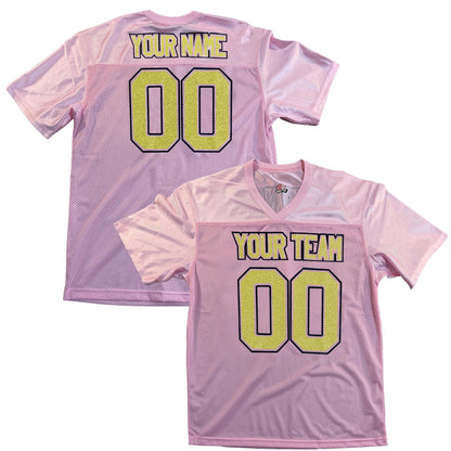 Pink Replica Football Jersey with Glitter Vinyl Lettering, Silver or Gold glitter, Add Black or White Outlines to make the Sparkle Pop