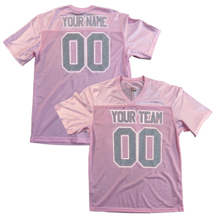 Pink Replica Football Jersey with Glitter Vinyl Lettering, Silver or Gold glitter, Add Black or White Outlines to make the Sparkle Pop