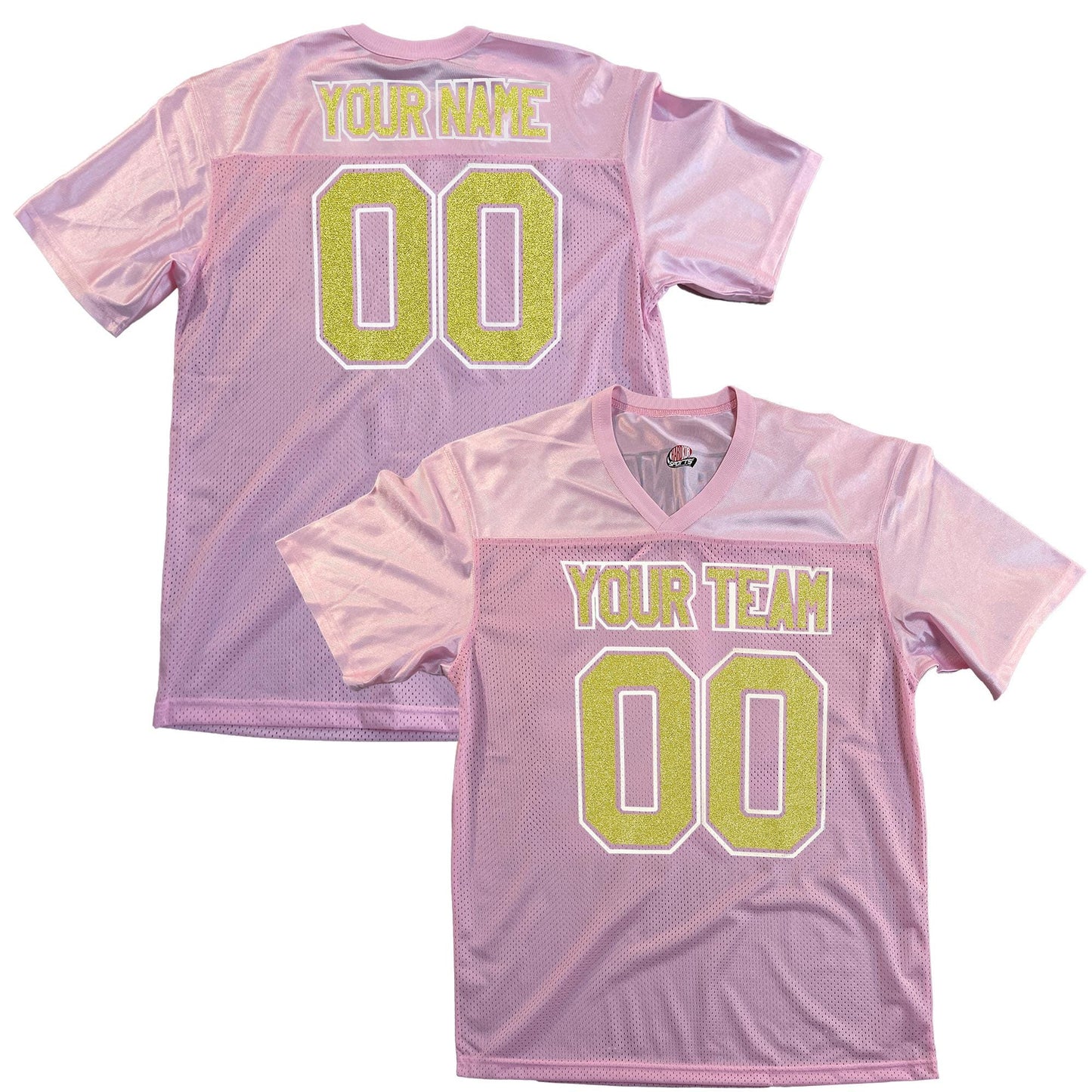 Pink Replica Football Jersey with Glitter Vinyl Lettering, Silver or Gold glitter, Add Black or White Outlines to make the Sparkle Pop