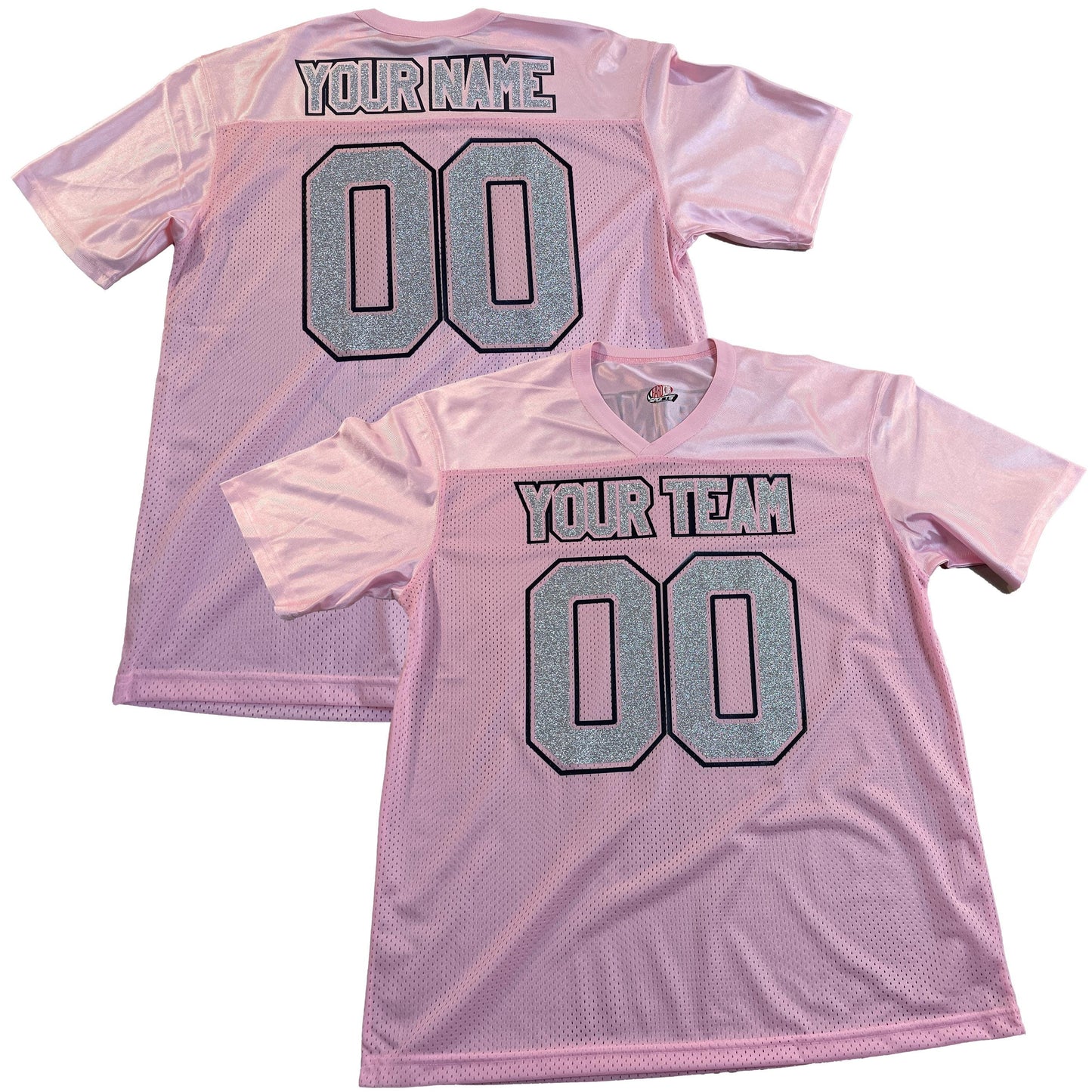 Pink Replica Football Jersey with Glitter Vinyl Lettering, Silver or Gold glitter, Add Black or White Outlines to make the Sparkle Pop