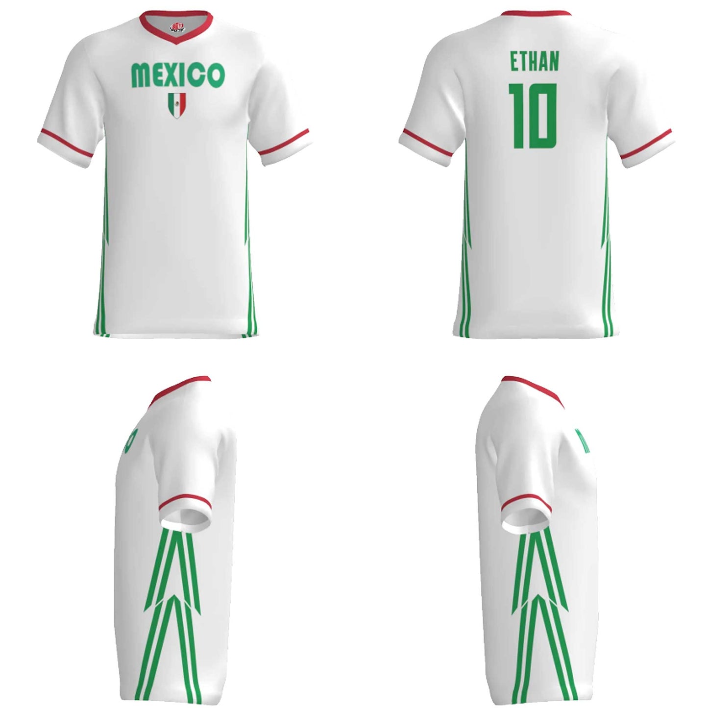 Custom Mexico Soccer Jersey – White Kelly Red Edition – Pro Look – Personalized Name and Number