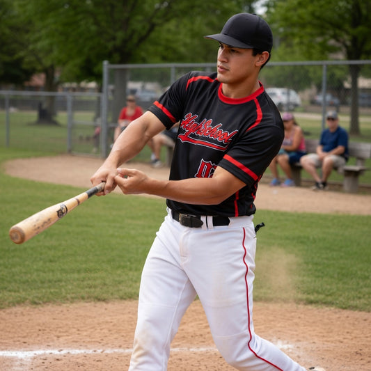 Custom Black/Red Baseball Jersey – Script Tail Logo, Old English Numbers, Varsity Name