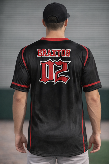 Custom Black/Red Baseball Jersey – Script Tail Logo, Old English Numbers, Varsity Name