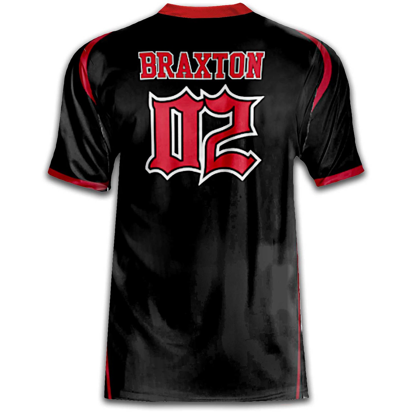 Custom Black/Red Baseball Jersey – Script Tail Logo, Old English Numbers, Varsity Name