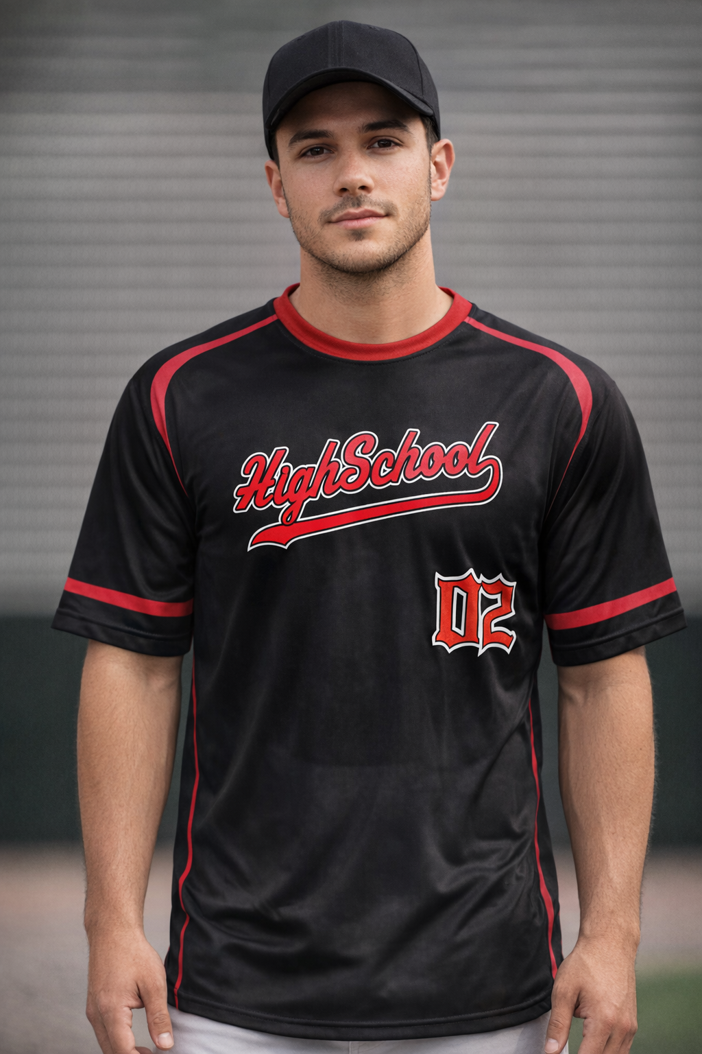 Custom Black/Red Baseball Jersey – Script Tail Logo, Old English Numbers, Varsity Name