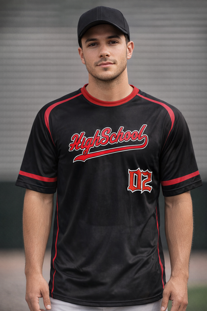 Custom Black/Red Baseball Jersey – Script Tail Logo, Old English Numbers, Varsity Name
