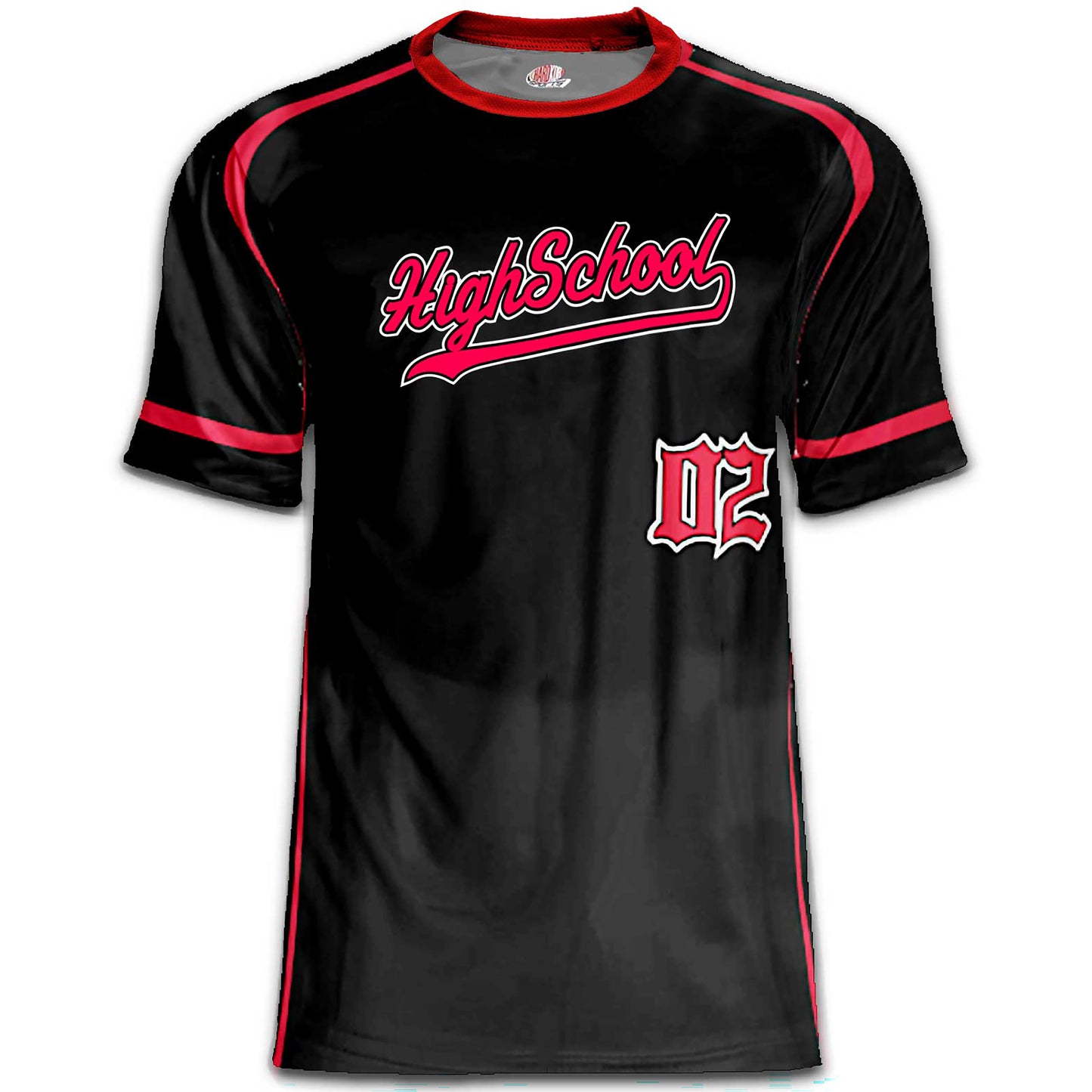 Custom Black/Red Baseball Jersey – Script Tail Logo, Old English Numbers, Varsity Name