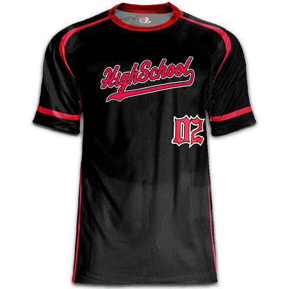 Custom Black/Red Baseball Jersey – Script Tail Logo, Old English Numbers, Varsity Name