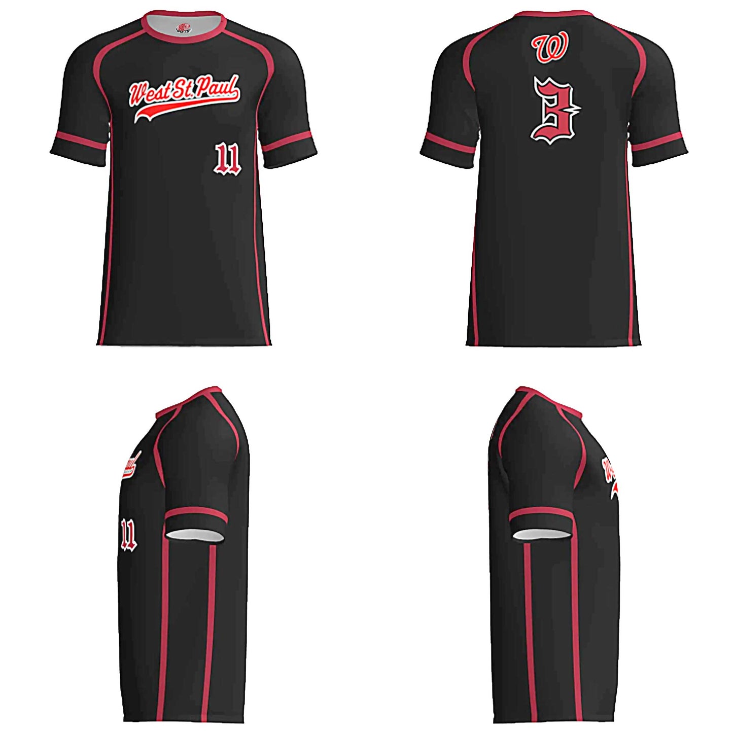 Custom Black/Red Baseball Jersey – Script Tail Logo, Old English Numbers, Varsity Name