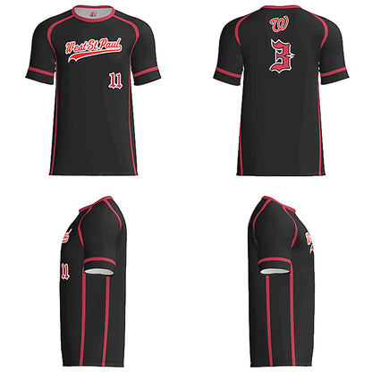 Custom Black/Red Baseball Jersey – Script Tail Logo, Old English Numbers, Varsity Name