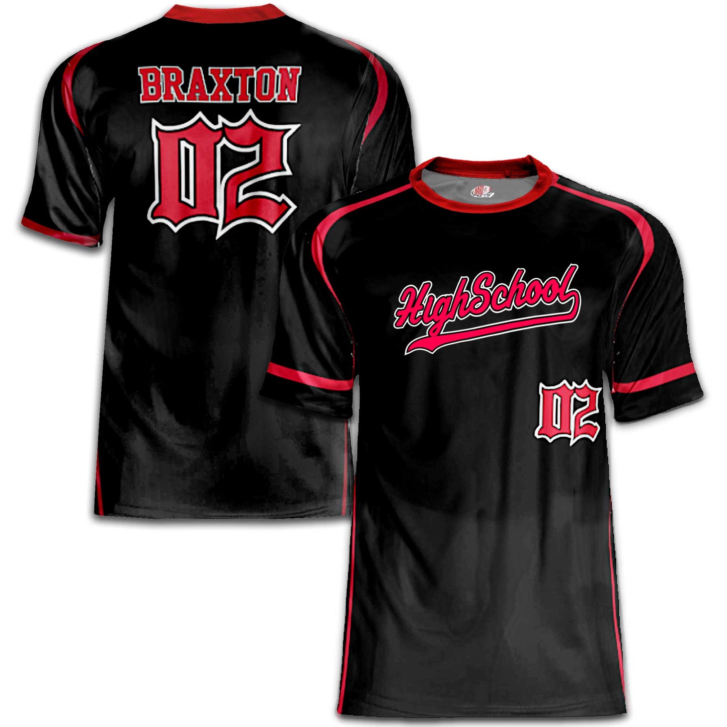 Custom Black/Red Baseball Jersey – Script Tail Logo, Old English Numbers, Varsity Name