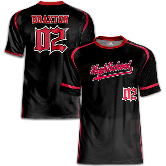 Custom Black/Red Baseball Jersey – Script Tail Logo, Old English Numbers, Varsity Name